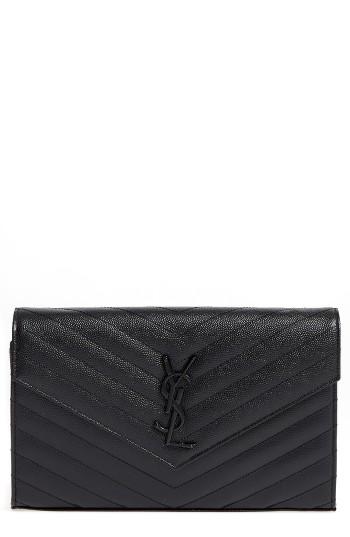 Women's Saint Laurent Monogram Quilted Leather Wallet On A Chain - Black