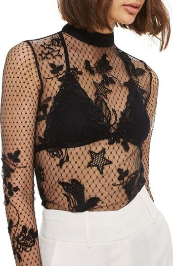 Women's Topshop Embroidered Sheer Mesh Top Us (fits Like 0) - Black