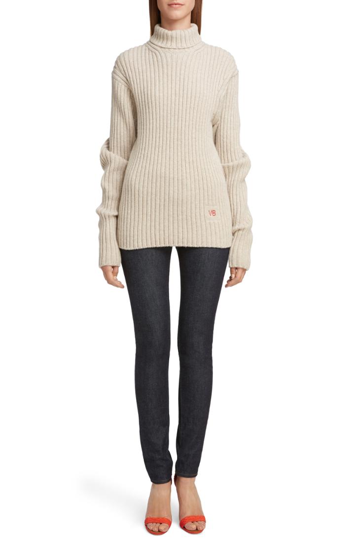 Women's Victoria Beckham Ribbed Wool Turtleneck Sweater - Beige