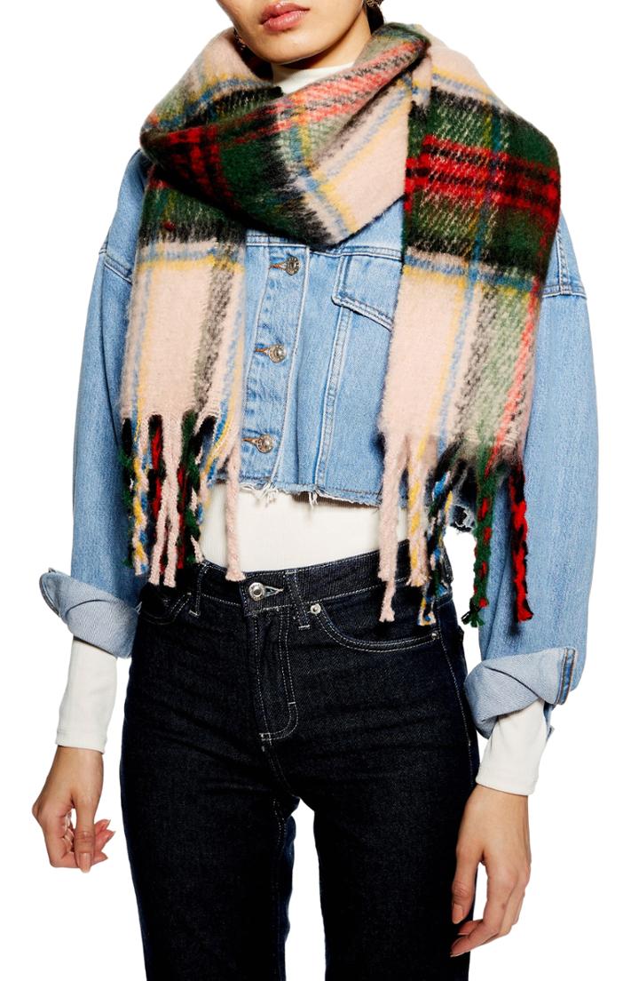 Women's Topshop Tartan Scarf, Size - Beige