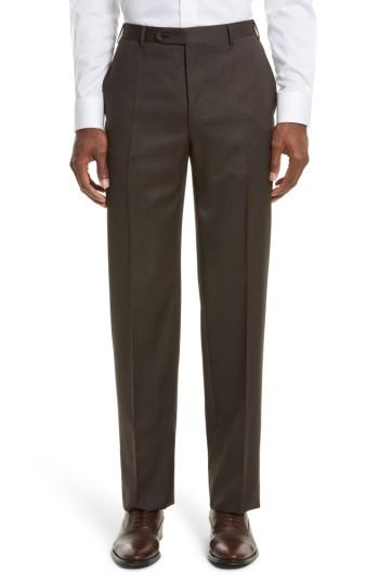 Men's Canali Flat Front Stripe Wool Trousers R Eu - Brown