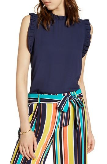 Women's Halogen Ruffle Trim Shell Top, Size - Blue