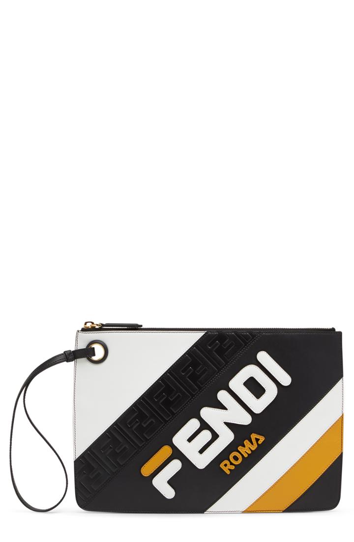 Fendi X Fila Medium Mania Logo Leather Clutch - Yellow