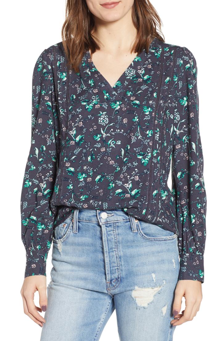 Women's Hinge Lace Stripe V-neck Blouse - Blue