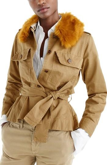 Women's J.crew Peplum Chino Faux Fur Collar Jacket, Size - Beige