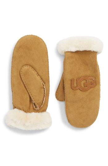 Women's Ugg Logo Genuine Shearling Mittens - Brown