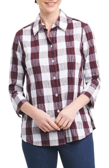 Women's Foxcroft Sue Shaped Fit Crinkle Plaid Shirt - Burgundy