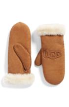Women's Ugg Heritage Logo Genuine Shearling Mittens - Brown