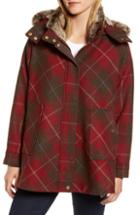 Women's Joules Faux Fur Trim Plaid Tweed Coat - Red
