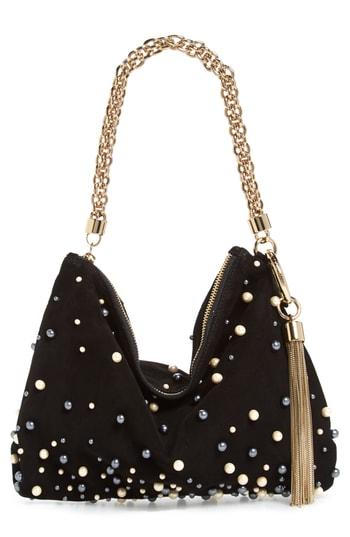 Jimmy Choo Callie Imitation Pearl Embellished Suede Clutch - Black