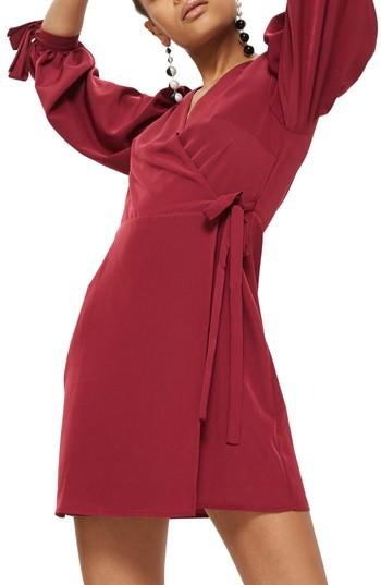 Women's Topshop Tie Cuff Wrap Minidress Us (fits Like 0) - Burgundy
