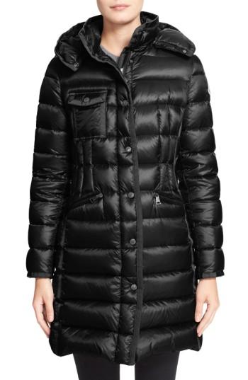 Women's Moncler 'hermine' Grosgrain Trim Water Resistant Down Coat - Black