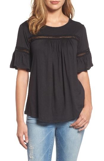 Women's Bobeau Lace Trim Bell Sleeve Top - Black