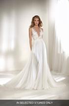 Women's Atelier Pronovias Riado Plunging Lace & Chiffon A-line Gown, Size - Ivory