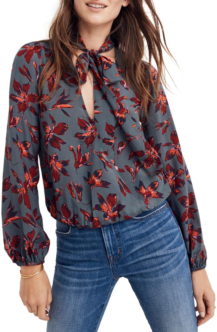 Women's Madewell Tie Neck Faux Wrap Silk Top, Size - Green