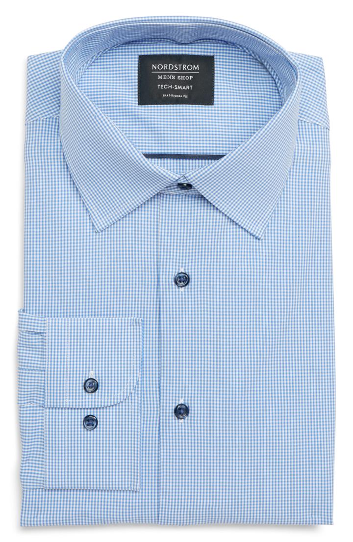 Men's Nordstrom Men's Shop Tech-smart Traditional Fit Stretch Check Dress Shirt - 34/35 - Blue