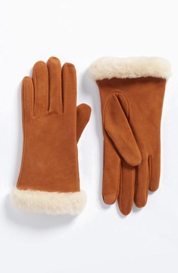 Women's Ugg Classic Suede Tech Gloves With Genuine Shearling Trim - Brown