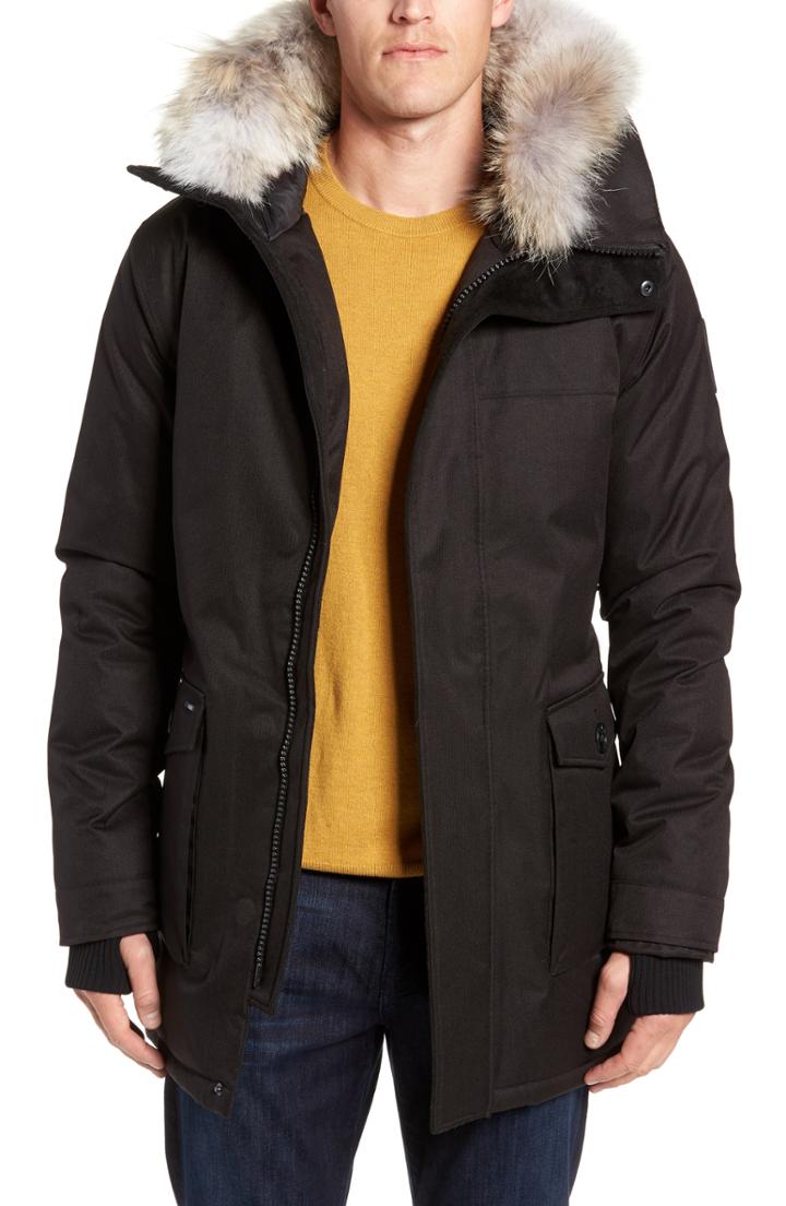 Men's Nobis Yves Windproof & Waterproof 650 Fill Power Down Parka With Genuine Coyote Fur Trim, Size - Black