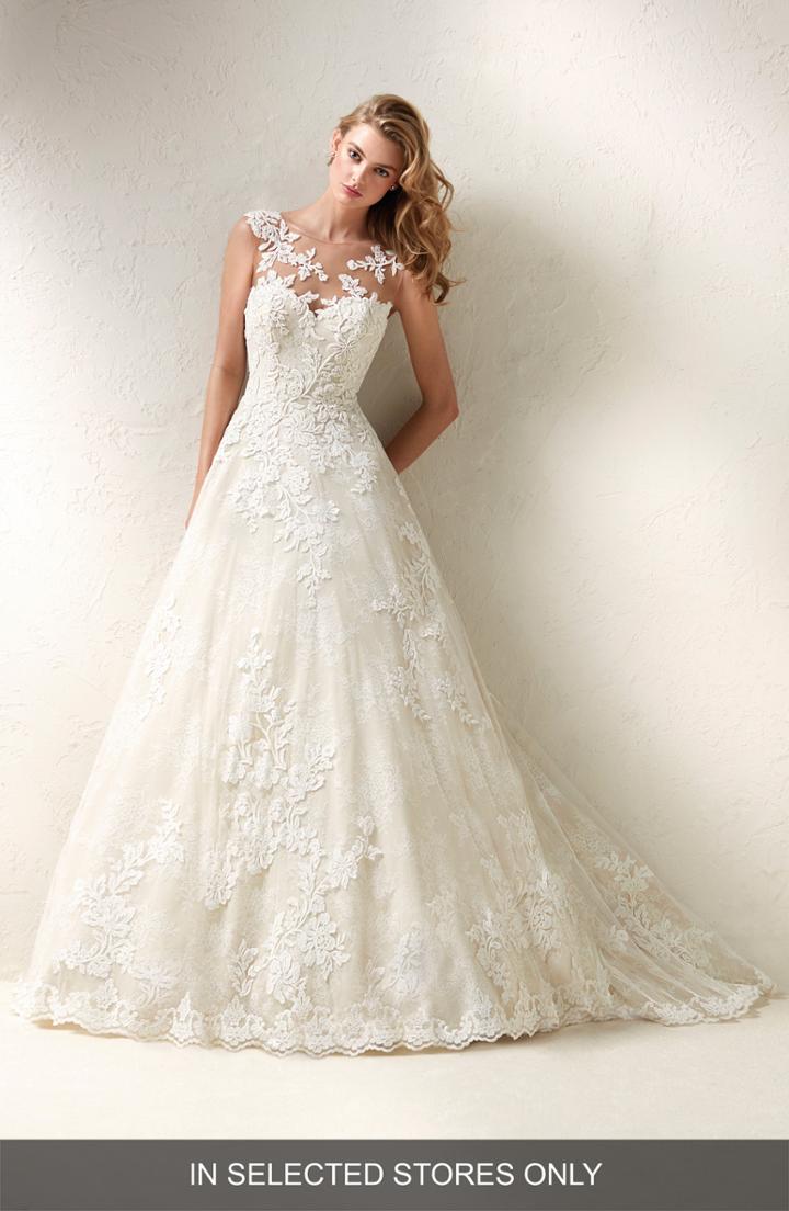 Women's Pronovias Dracme Illusion Bodice Lace A-line Gown, Size - Ivory