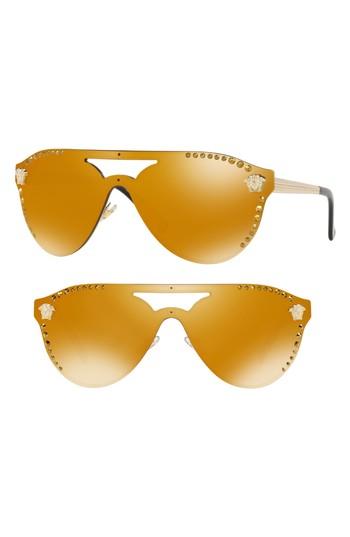Women's Versace Medusa 142mm Crystal Shield Sunglasses - Pale Gold Mirror