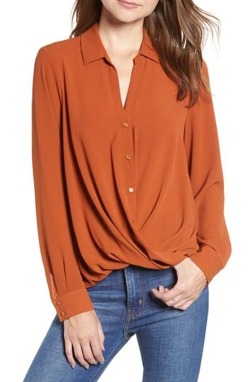 Women's Patterned Drape Front Blouse - Orange