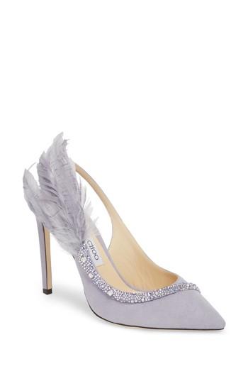 Women's Jimmy Choo Tacey Crystal & Feather Embellished Slingback Sandal Us / 36eu - Purple