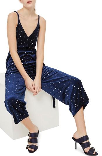 Women's Topshop Star Print Velvet Wrap Jumpsuit Us (fits Like 0) - Blue
