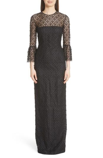 Women's Carmen Marc Valvo Couture Bell Sleeve Lace & Crystal Gown - Black