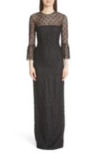 Women's Carmen Marc Valvo Couture Bell Sleeve Lace & Crystal Gown - Black
