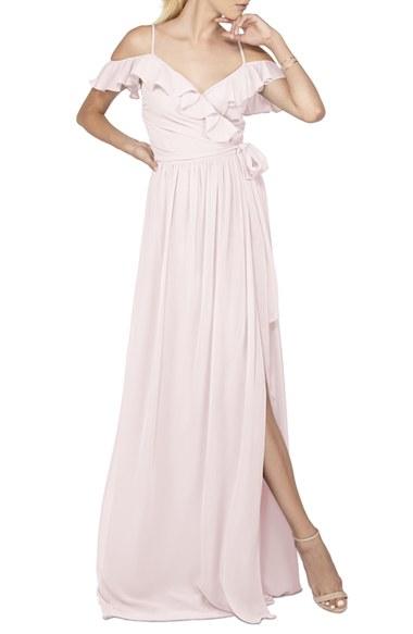 Women's Ceremony By Joanna August 'portia' Off The Shoulder Ruffle Wrap Chiffon Gown