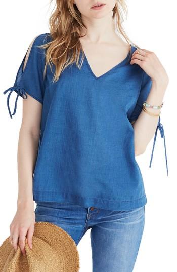 Women's Madewell Indigo Tie Sleeve Top, Size - Blue
