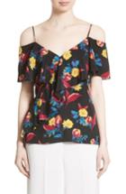 Women's Diane Von Furstenberg Off The Shoulder Floral Silk Blouse, Size - Black