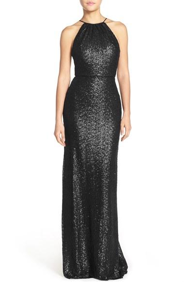 Women's Amsale 'chandler' Sequin Tulle Halter Style Gown - Black