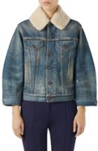 Women's Gucci Print Back Denim Jacket With Genuine Shearling Trim Us / 38 It - Blue