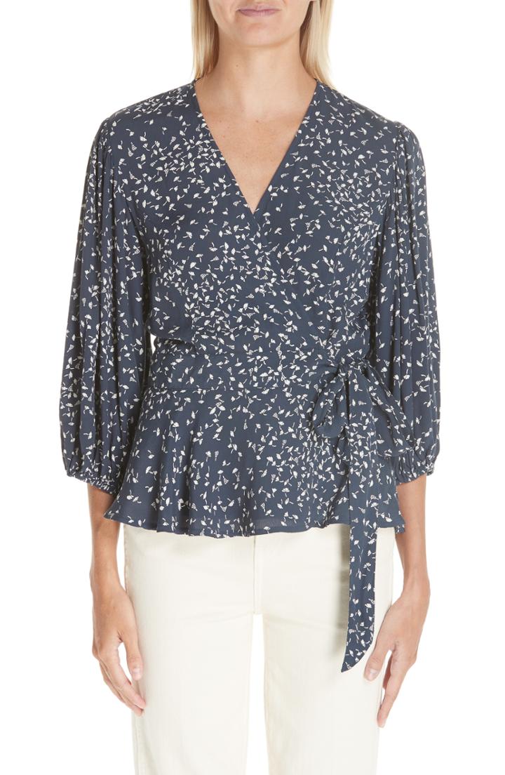 Women's Ganni Polka Dot Wrap Blouse Us / 38 Eu - Blue