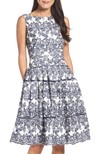 Petite Women's Eliza J Embroidered Lace Midi Dress P - Blue