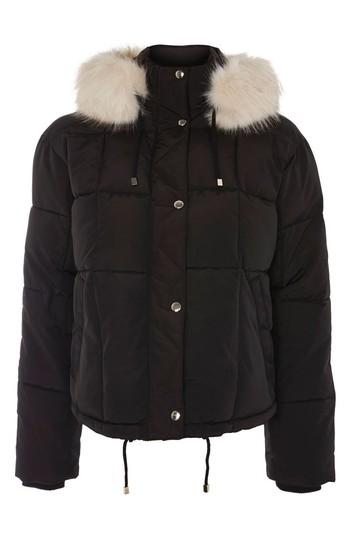 Women's Topshop Faux Fur Lined Puffer Jacket Us (fits Like 0) - Black