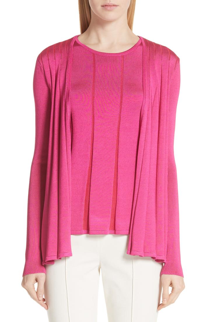 Women's St. John Collection Plaited Fit & Flare Cardigan - Pink