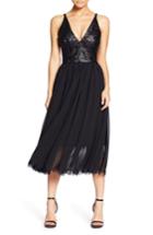 Women's Dress The Population Tracy Plunging Sequin Bodice Tea Length Dress, Size - Black