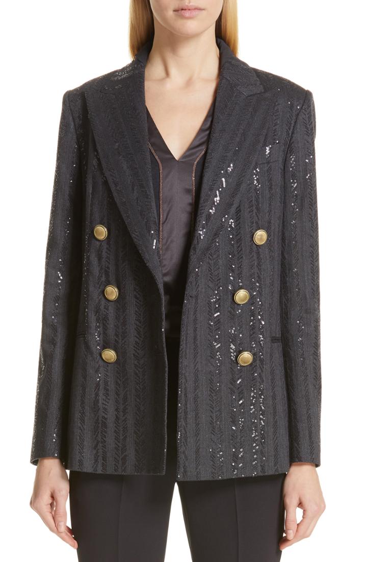 Women's Brunello Cucinelli Chevron Sequin Double Breasted Jacket Us / 36 It - Black