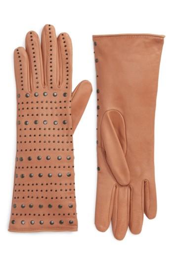 Women's Agnelle Studded Lambskin Leather Gloves .5 - Beige