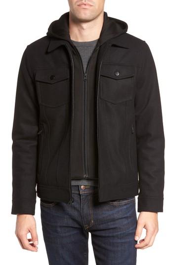Men's Black Rivet Hooded Wool Blend Trucker Jacket - Black
