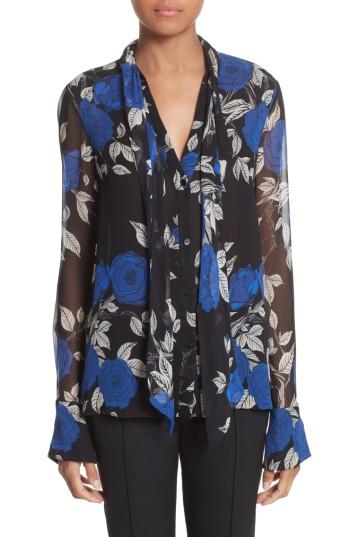 Women's Jason Wu Floral Silk Tie Neck Blouse - Black