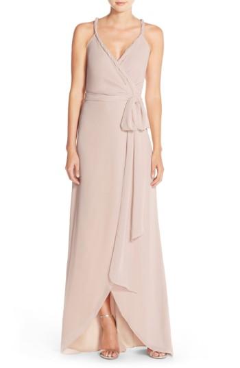 Women's Ceremony By Joanna August 'parker' Twist Strap Chiffon Wrap Gown, Size - Beige