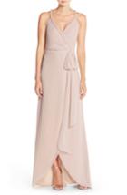 Women's Ceremony By Joanna August 'parker' Twist Strap Chiffon Wrap Gown, Size - Beige