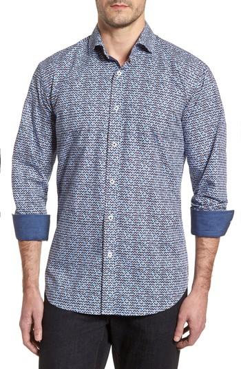 Men's Bugatchi Rainy Day Blues Shaped Fit Sport Shirt - Blue