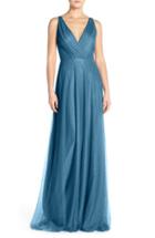 Women's Monique Lhuillier Bridesmaids Back Cutout Pleat Tulle Gown - Blue