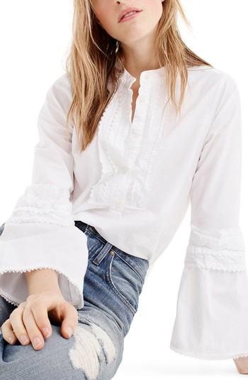 Women's J.crew Ludwig Embroidered Bell Sleeve Poplin Top