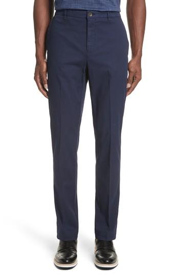 Men's Canali Flat Front Stretch Solid Cotton Trousers R Eu - Blue