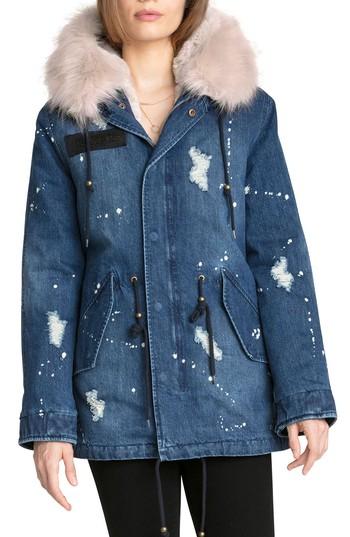 Women's Avec Les Filles 3-in-1 Distressed Denim Parka With Faux Shearling Trim - Blue